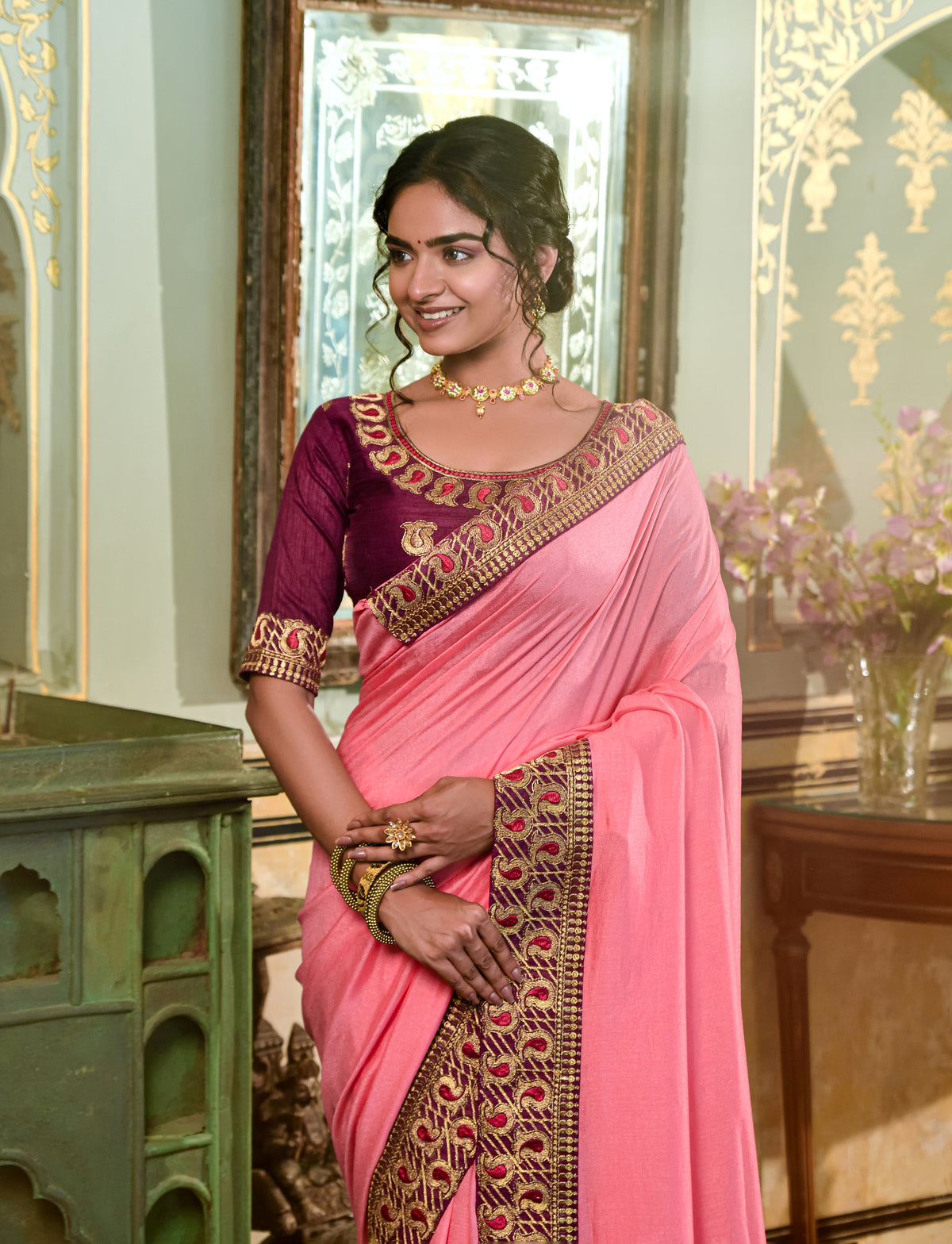 Buy Fancy Pink Saree for women Online - Joshindia