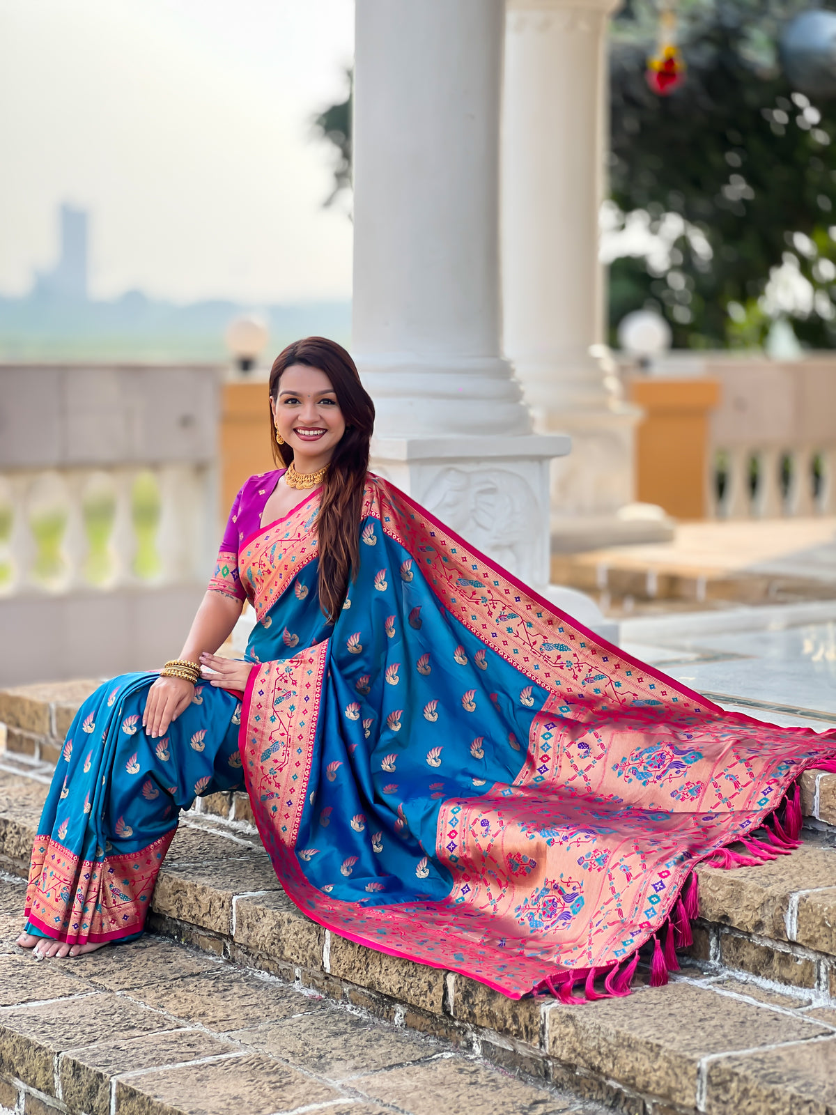 Two Tone Woven Design Silk Blend Paithani Saree