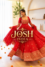 Red Georgette Anarkali Suit with Pant Dupatta Thread Sequence Work Karwa Chauth