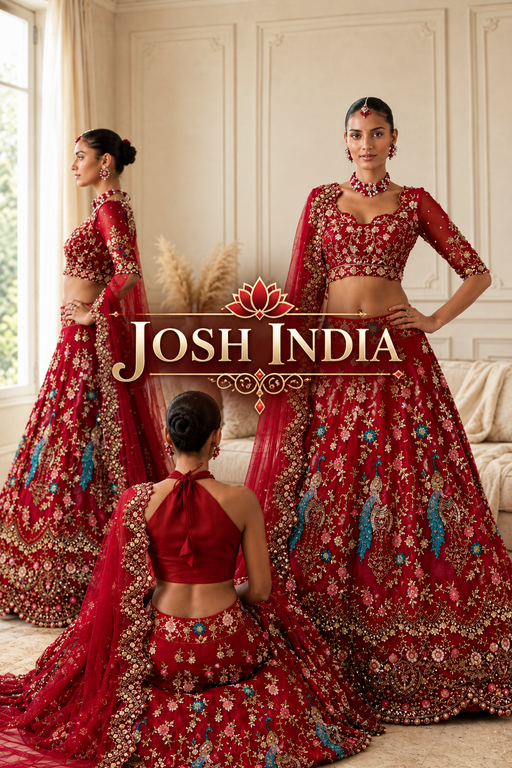 Red bridal lehenga choli front view on model with cut work dupatta