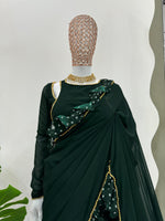Green Color Georgette Designer Ruffle Boder Saree