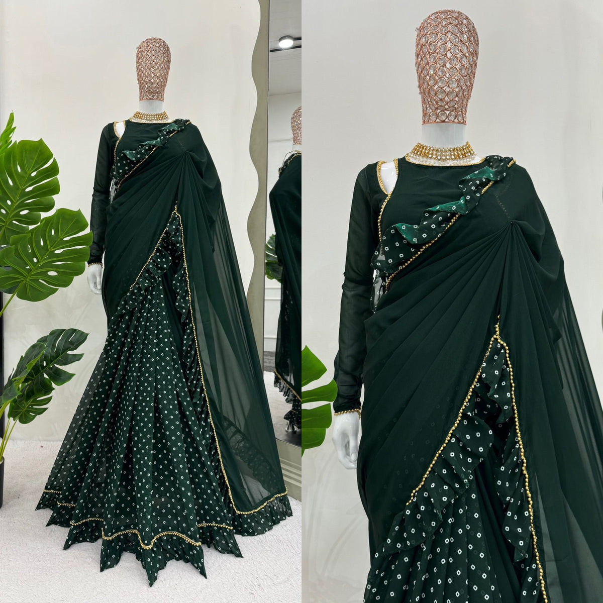 Green Color Georgette Designer Ruffle Boder Saree