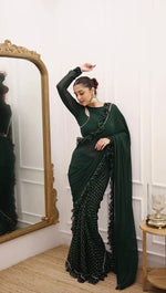 Green Color Georgette Designer Ruffle Boder Saree