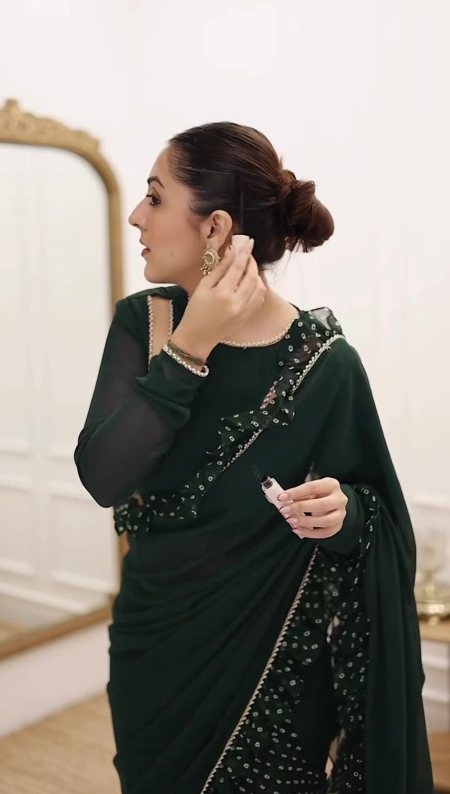 Green Color Georgette Designer Ruffle Boder Saree