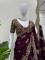Purple Color Embroidered Designer Saree