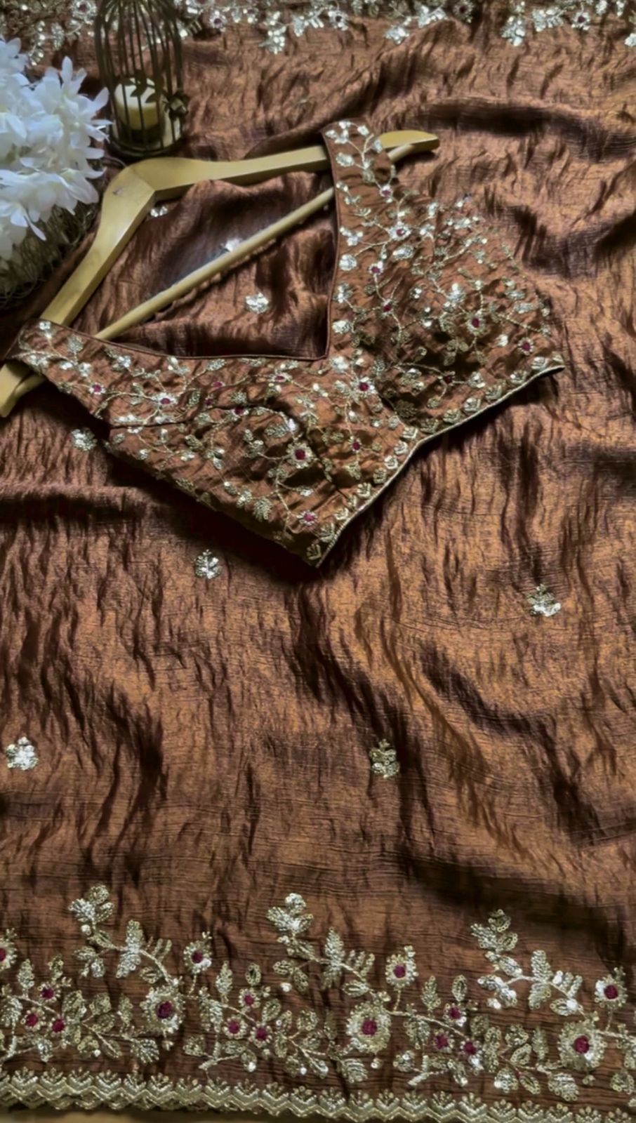 Brown Color With Golden Zari Work Party Wear Designer Saree