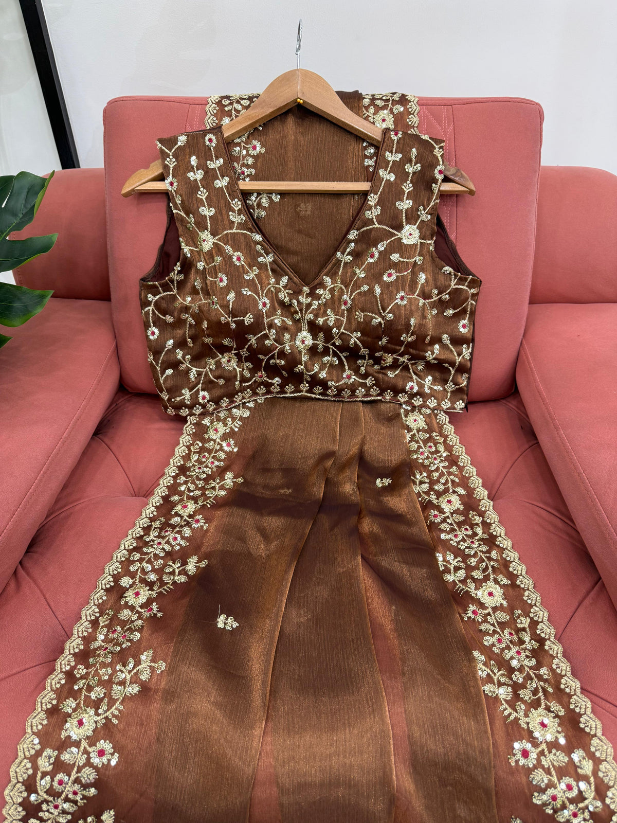 Brown Color With Golden Zari Work Party Wear Designer Saree