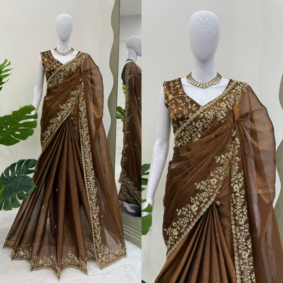 Brown Color With Golden Zari Work Party Wear Designer Saree