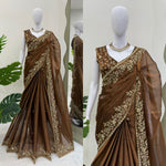 Brown Color With Golden Zari Work Party Wear Designer Saree