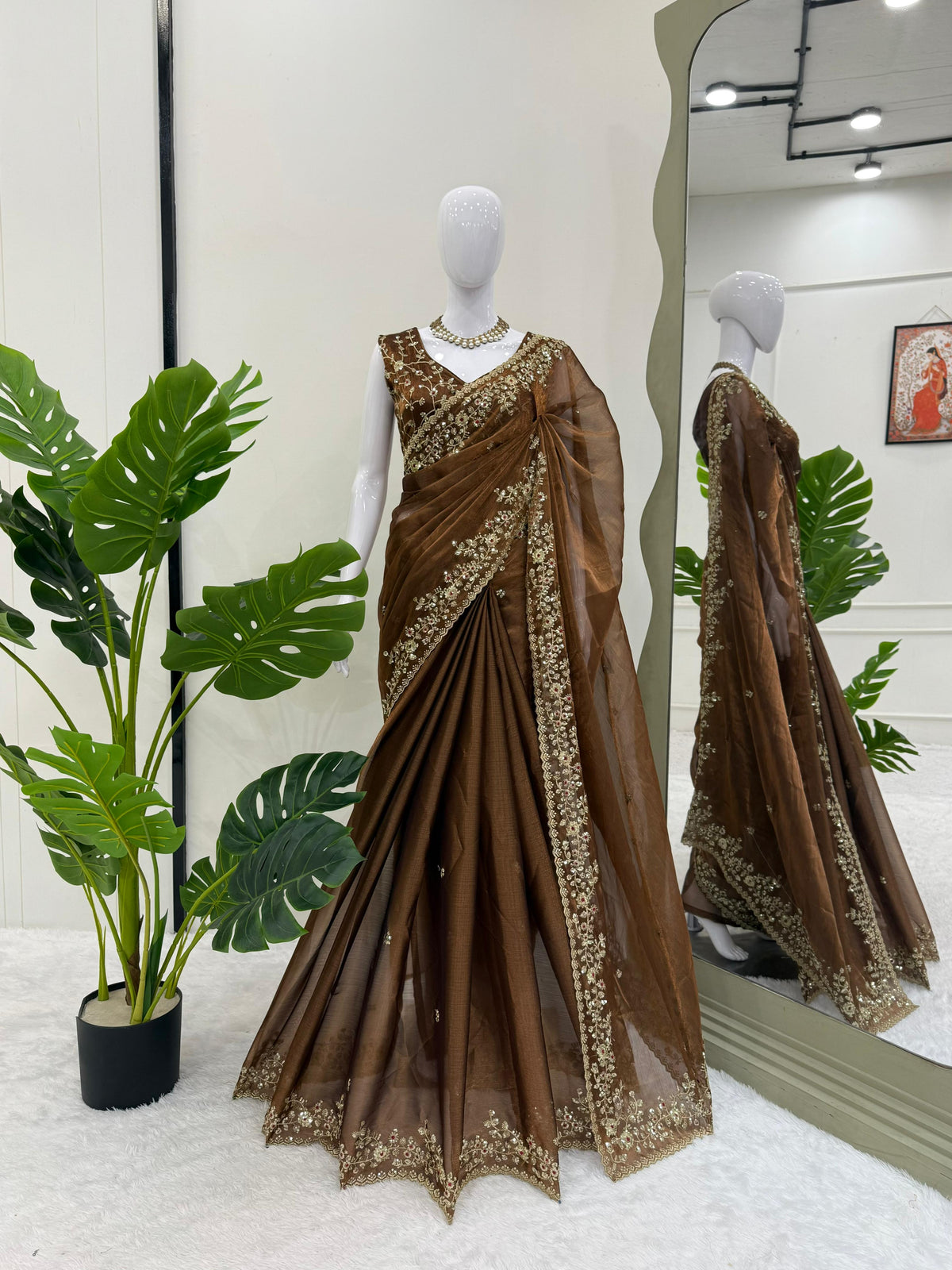 Brown Color With Golden Zari Work Party Wear Designer Saree
