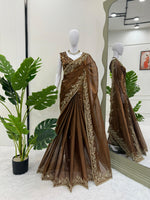 Brown Color With Golden Zari Work Party Wear Designer Saree