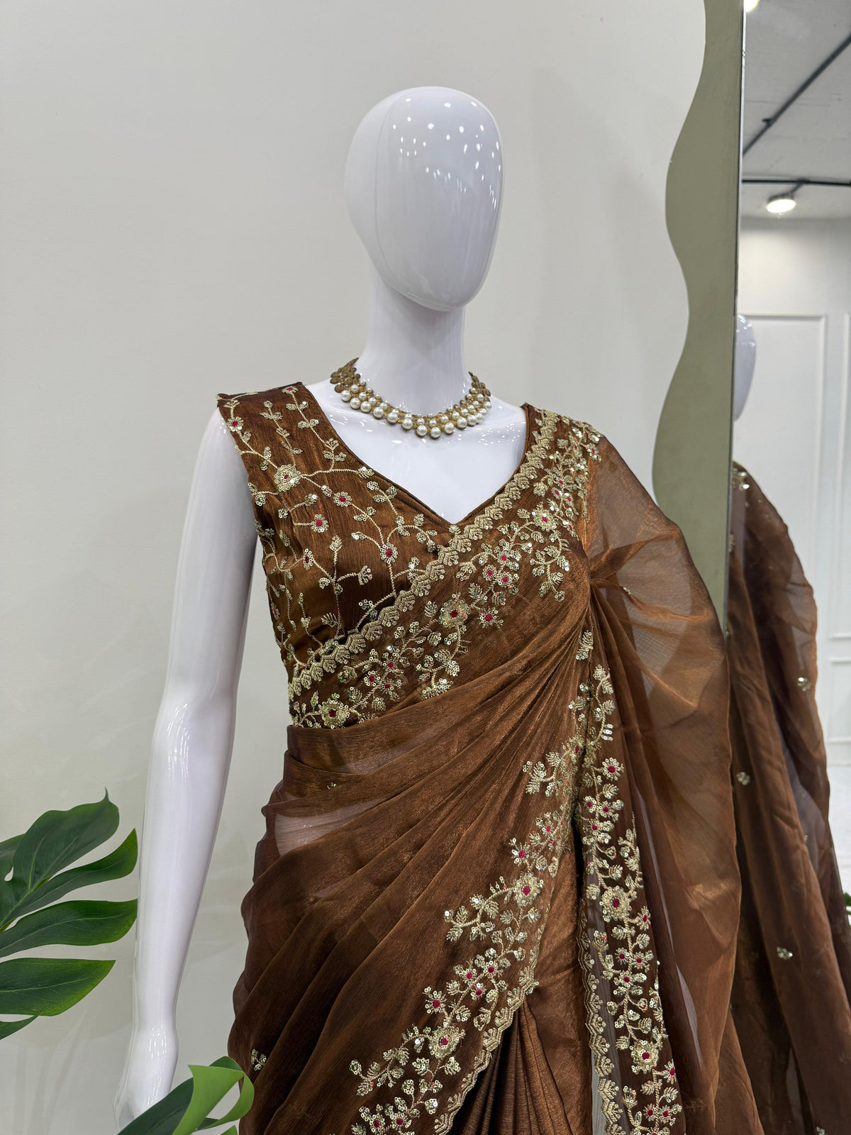 Brown Color With Golden Zari Work Party Wear Designer Saree