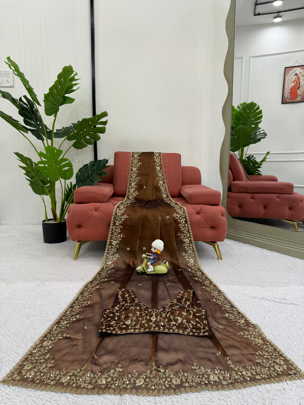 Brown Color With Golden Zari Work Party Wear Designer Saree