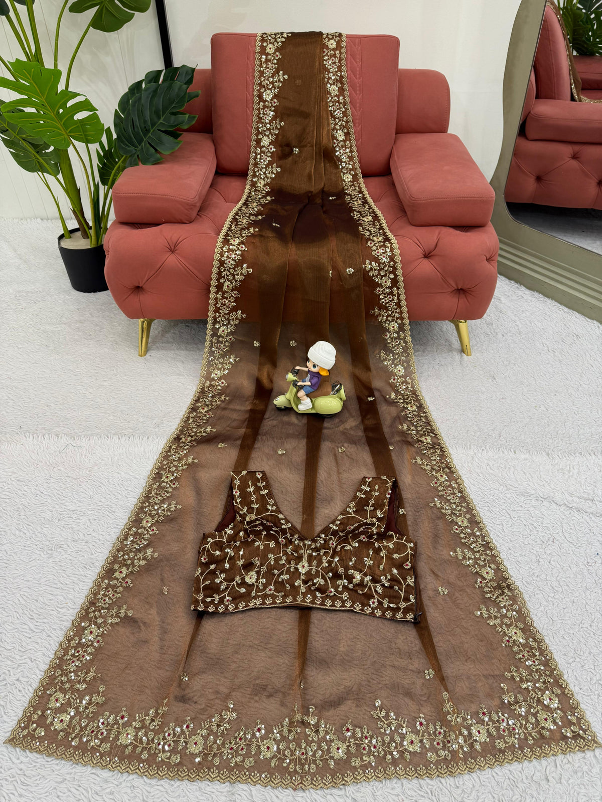Brown Color With Golden Zari Work Party Wear Designer Saree
