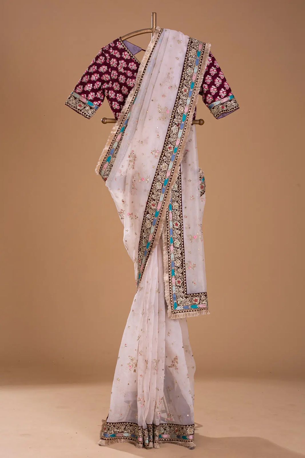 Baby Pink Organza Silk Embroidered Designer Saree