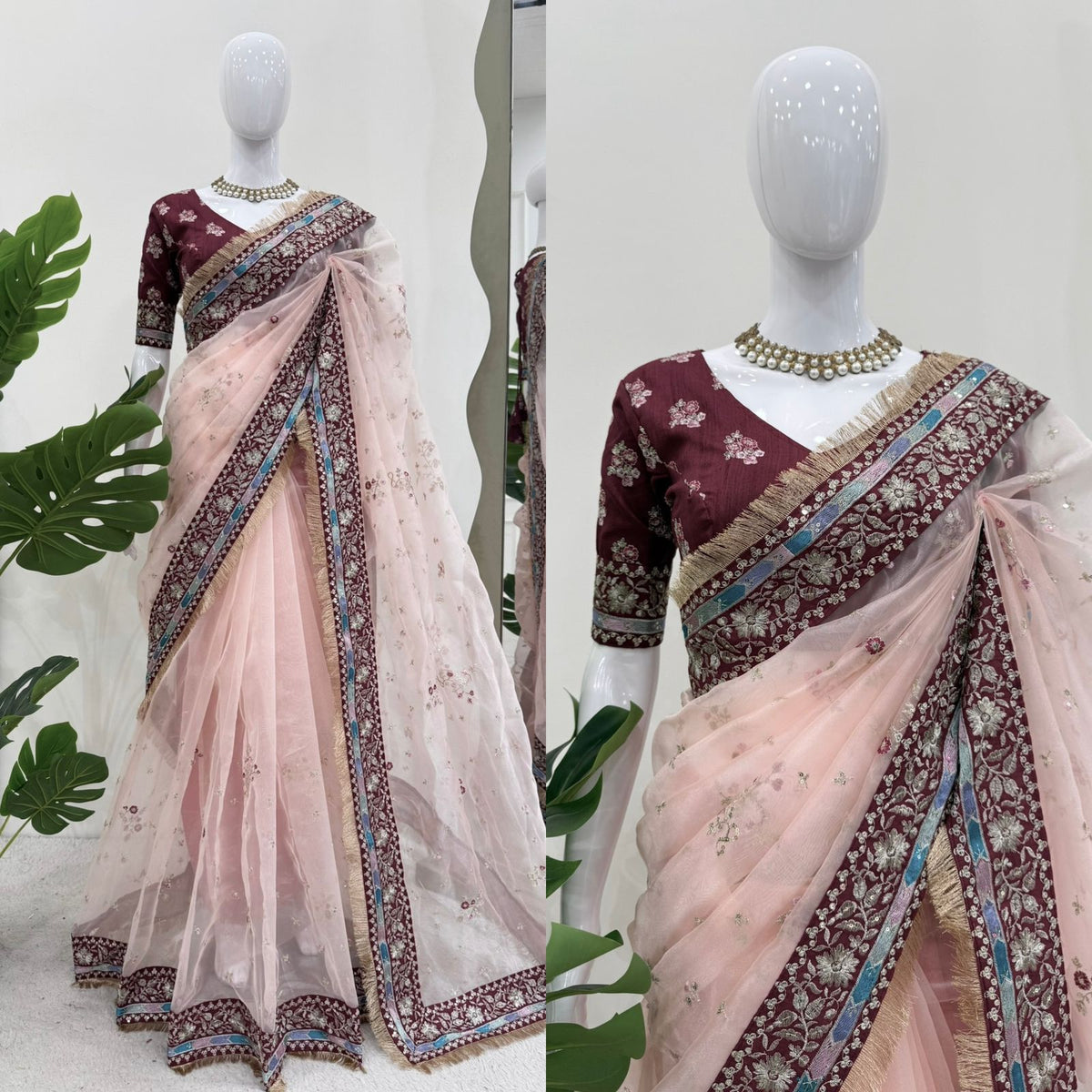 Baby Pink Organza Silk Embroidered Designer Saree