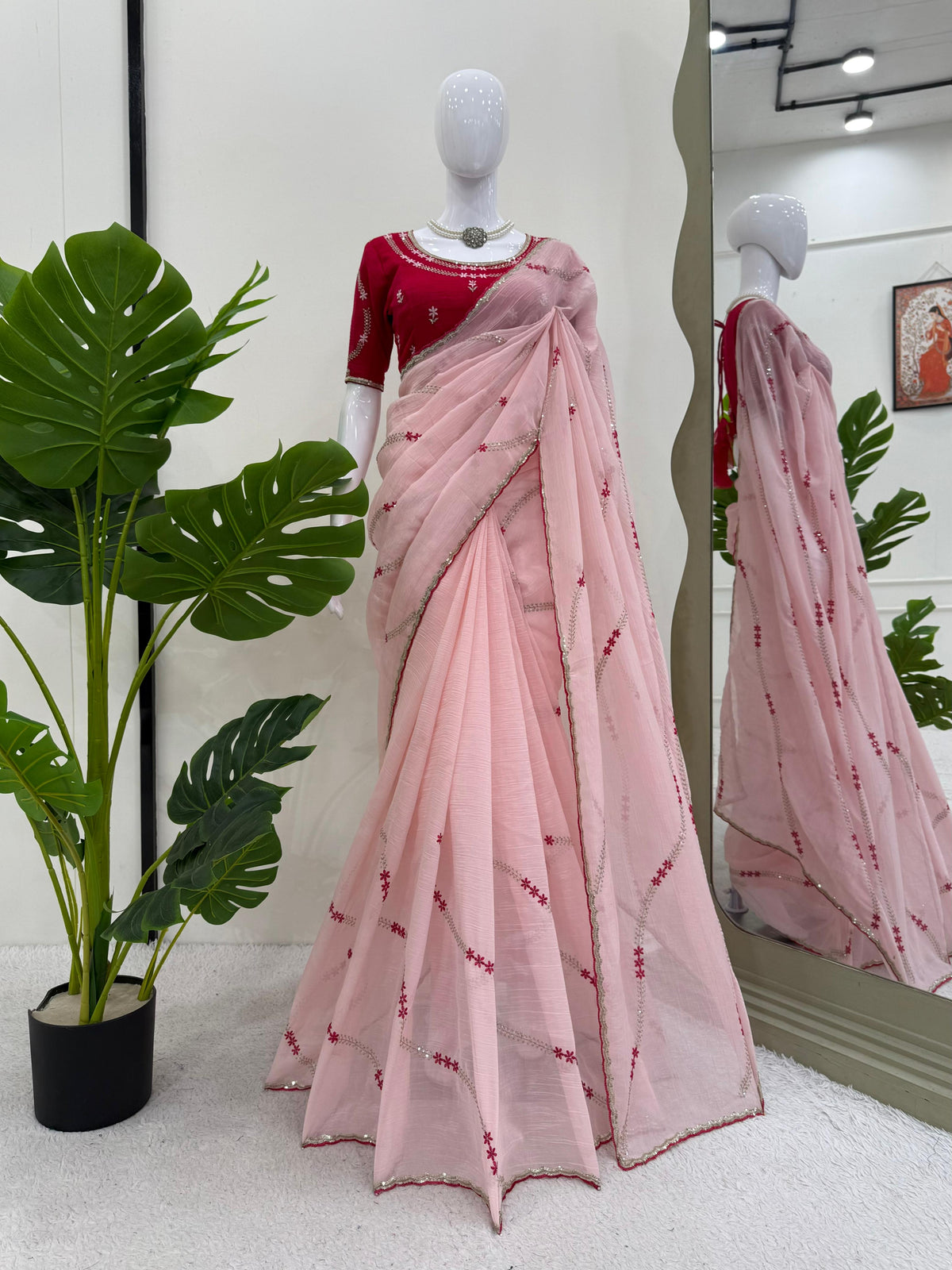 Baby Pink Color Embroidered Silk Designer Saree