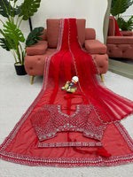 Red Color Embroidered Designer Party Wear Saree