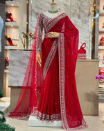 Red Color Embroidered Designer Party Wear Saree