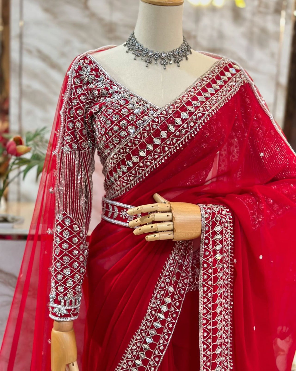 Red Color Embroidered Designer Party Wear Saree