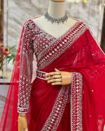 Red Color Embroidered Designer Party Wear Saree