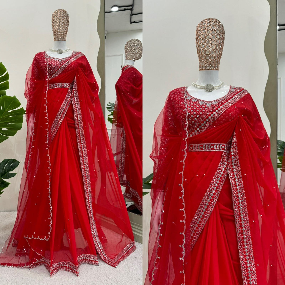 Red Color Embroidered Designer Party Wear Saree