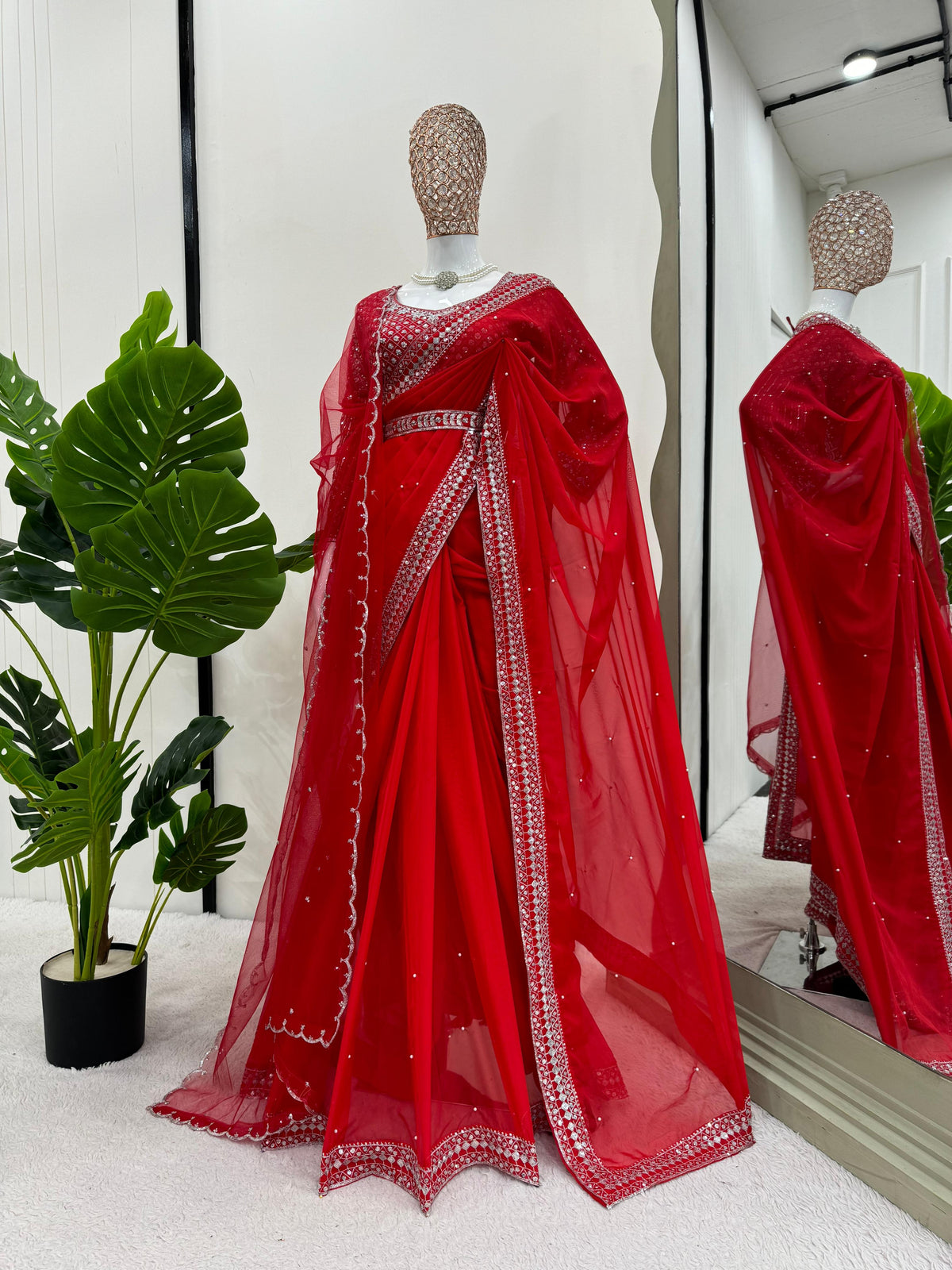 Red Color Embroidered Designer Party Wear Saree