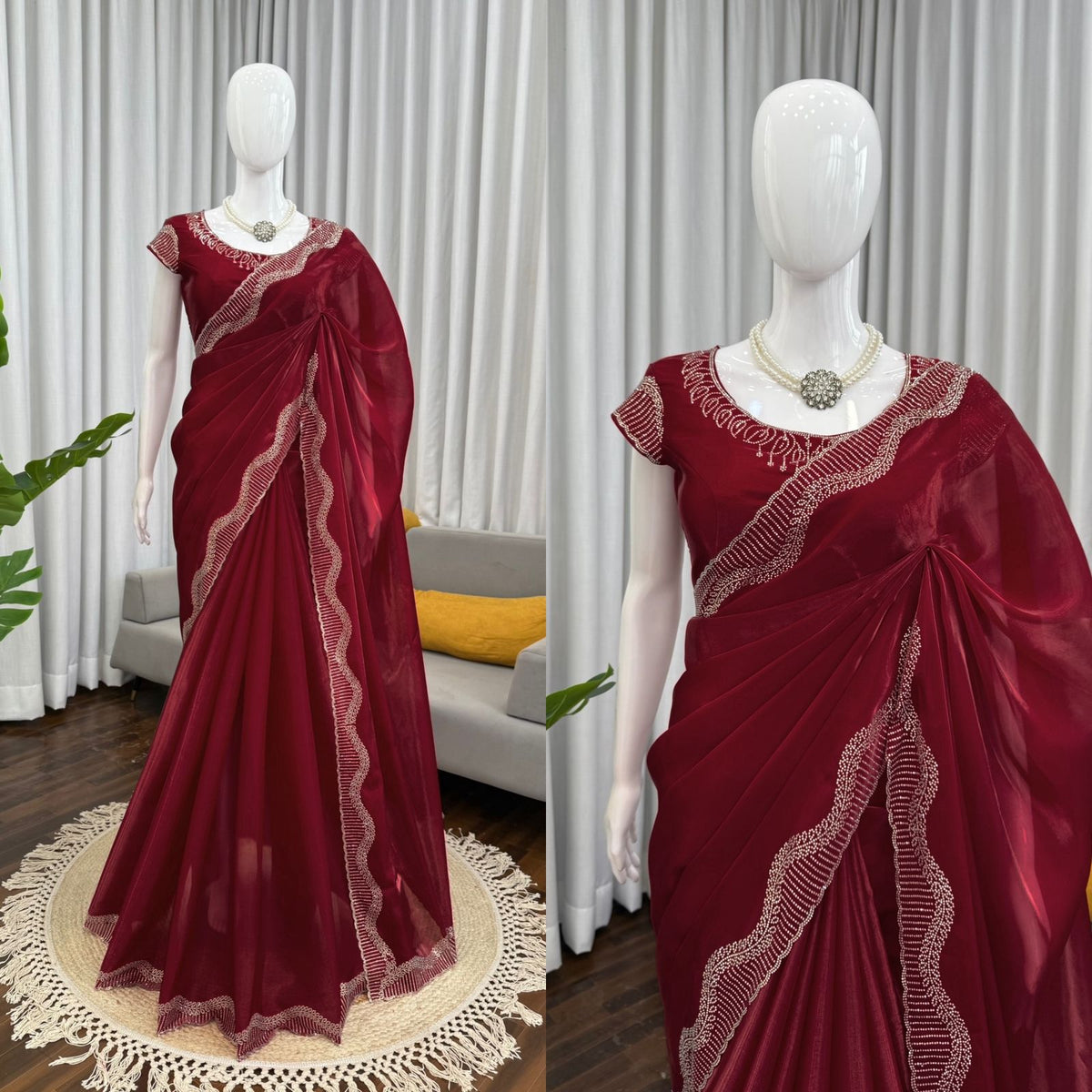Maroon Color Designer Jimmy Chu Saree with Intricate Hot Fix Work