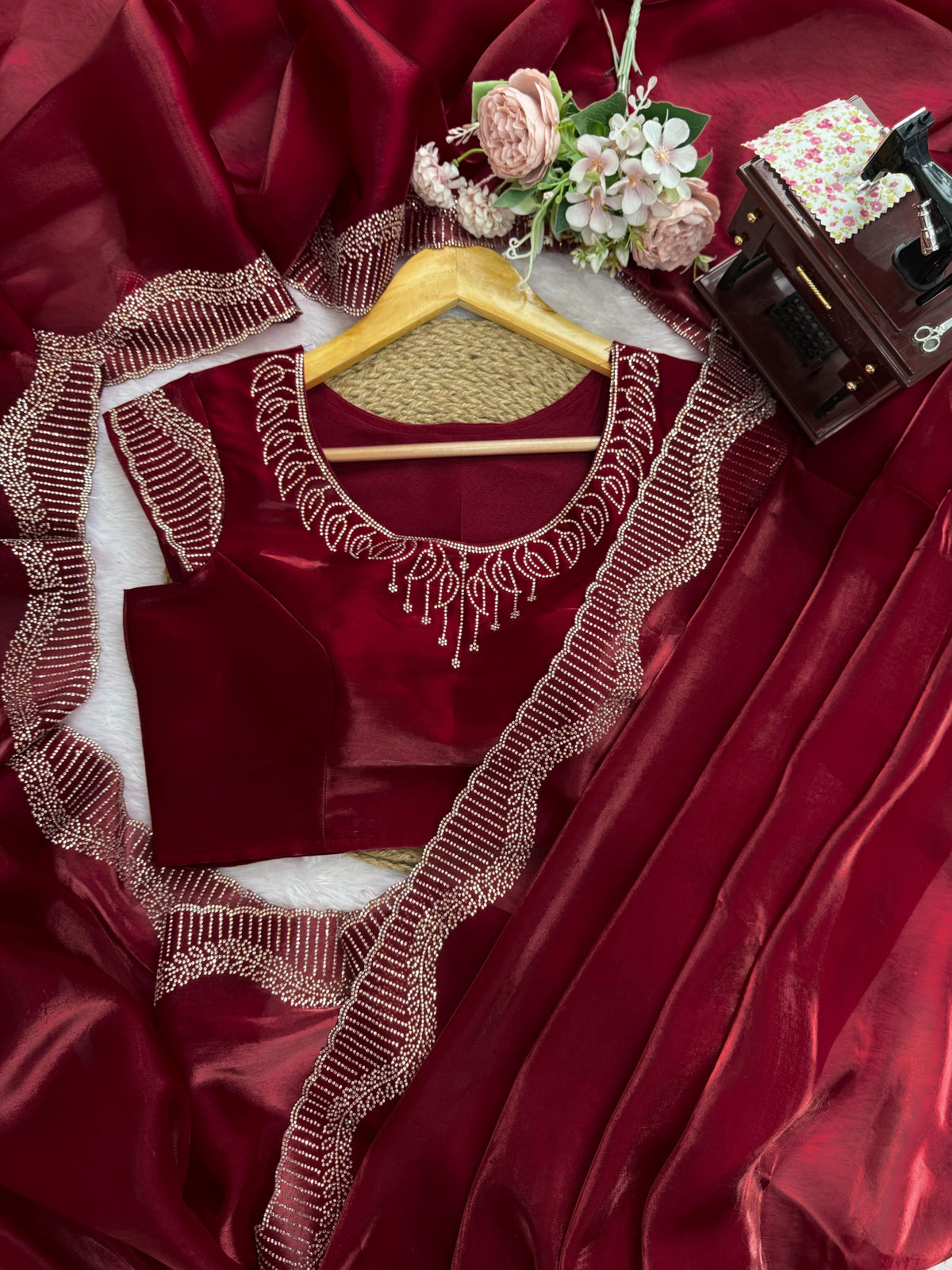 Maroon Color Designer Jimmy Chu Saree with Intricate Hot Fix Work