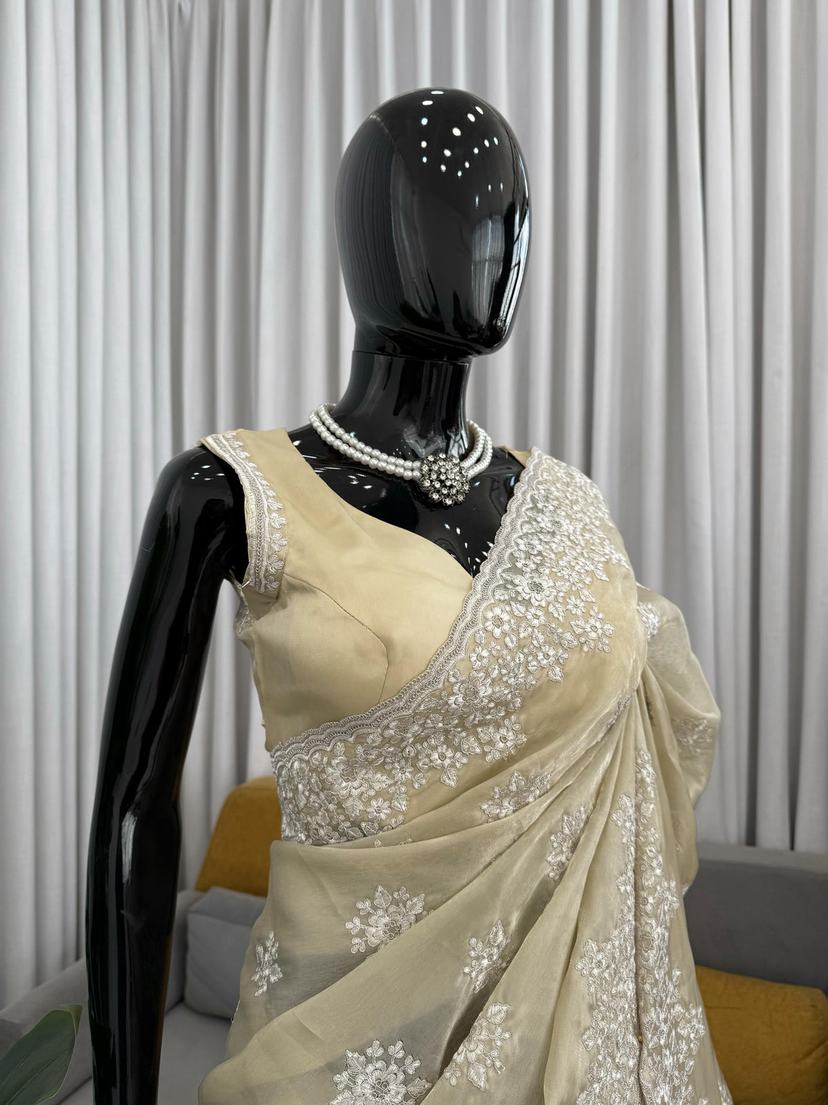Cream Color Designer Party Wear Designer Silk Saree
