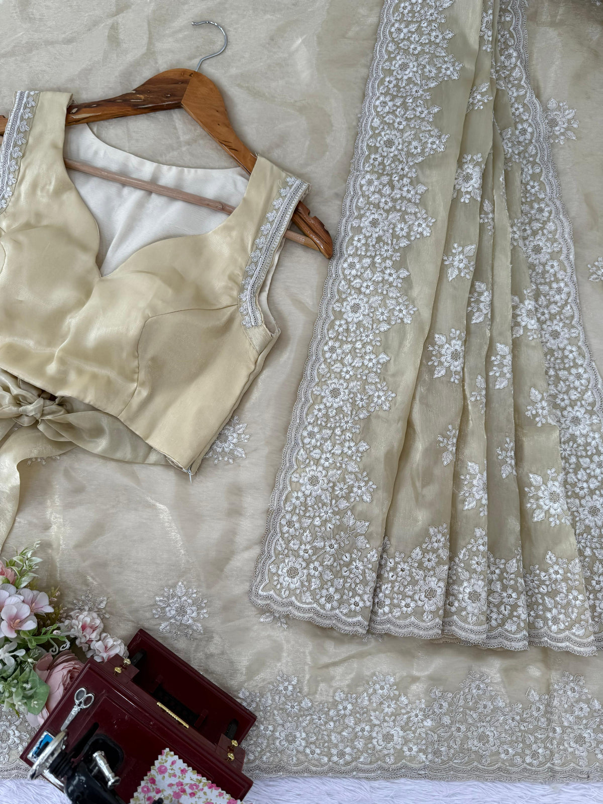 Cream Color Designer Party Wear Designer Silk Saree