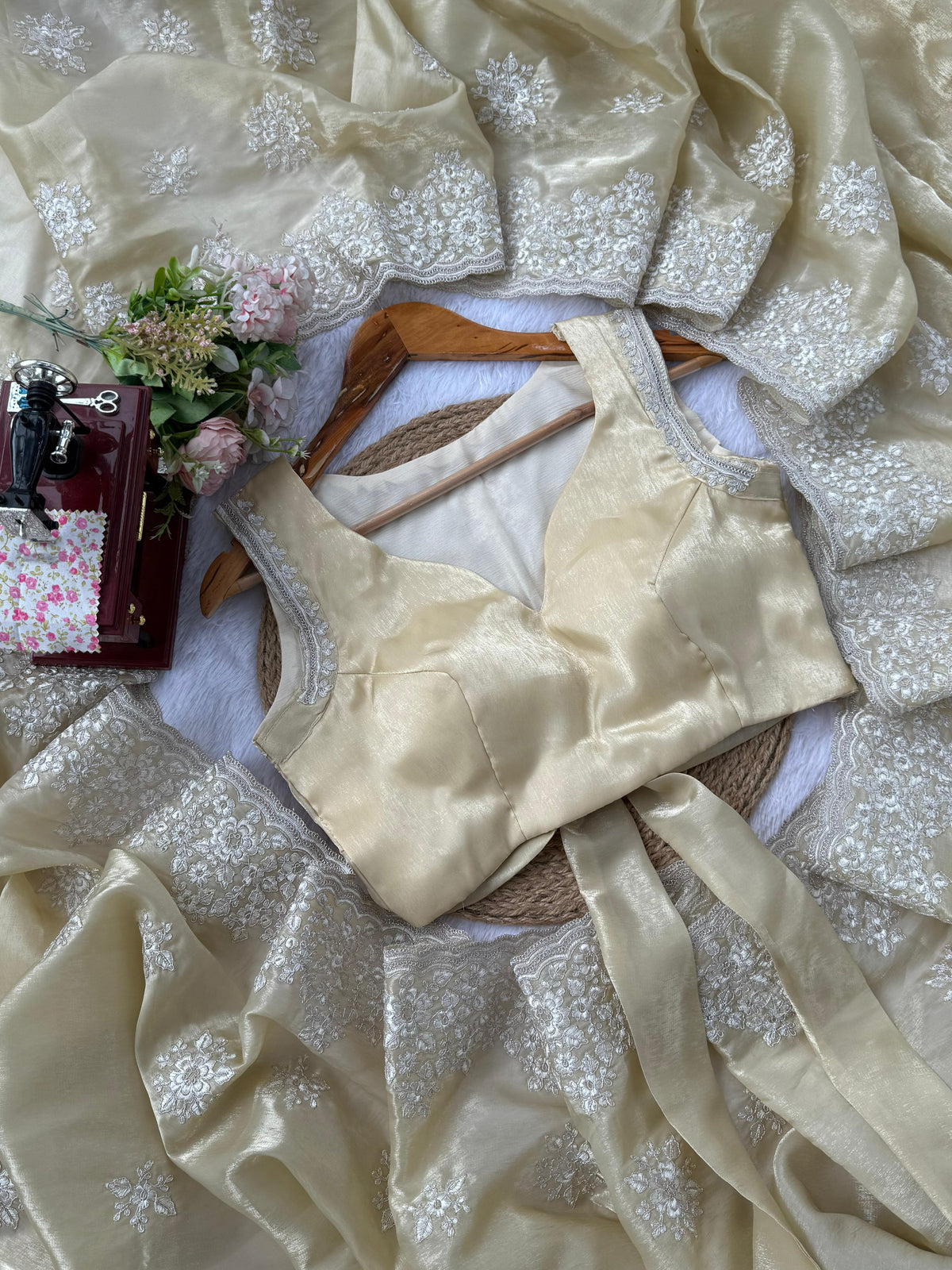 Cream Color Designer Party Wear Designer Silk Saree