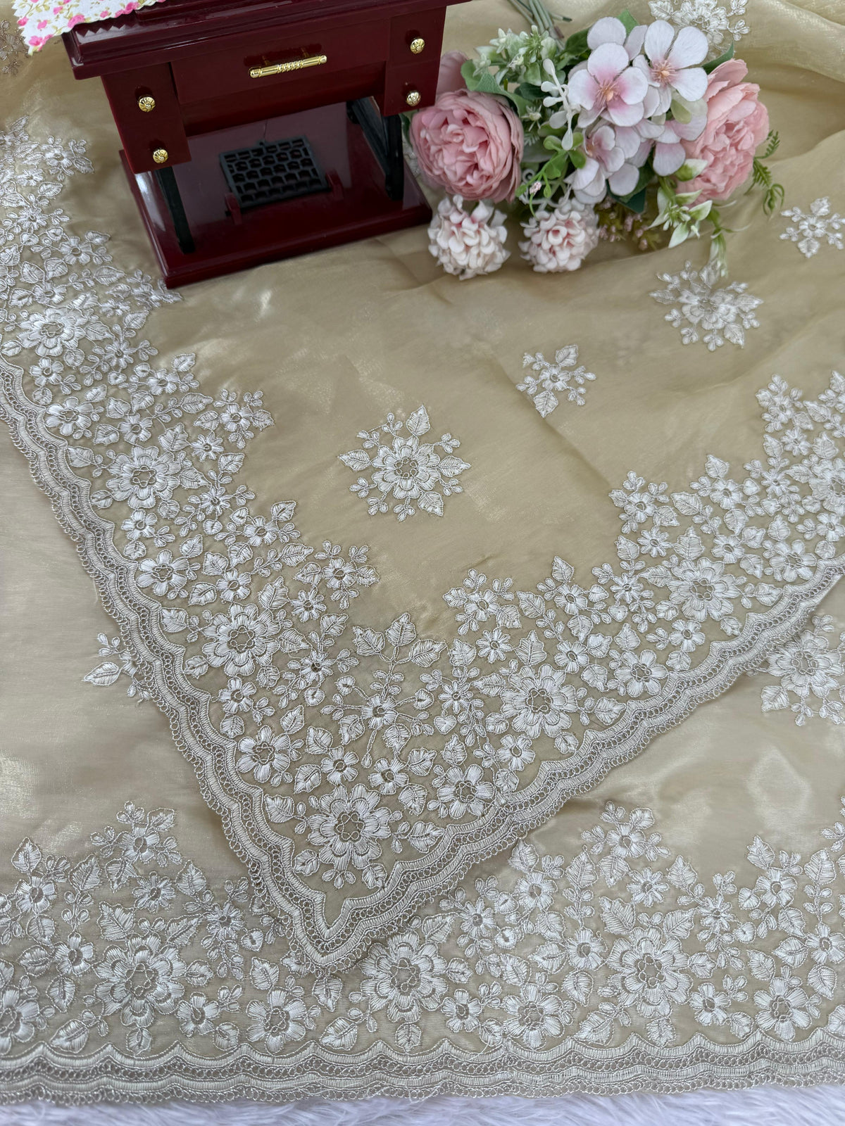 Cream Color Designer Party Wear Designer Silk Saree