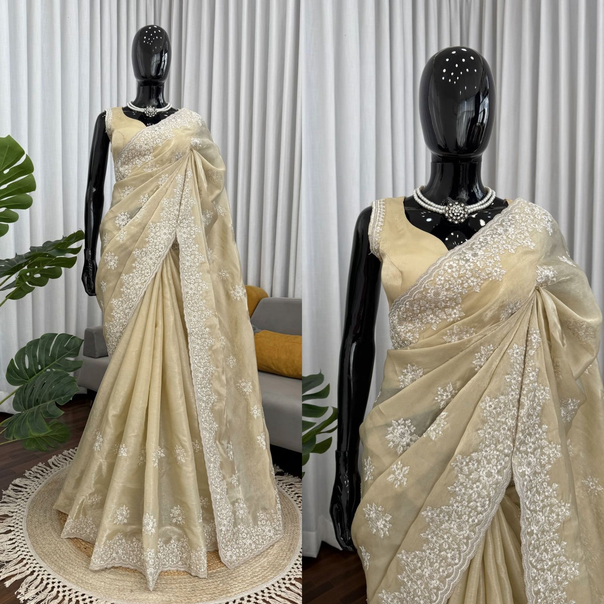 Cream Color Designer Party Wear Designer Silk Saree
