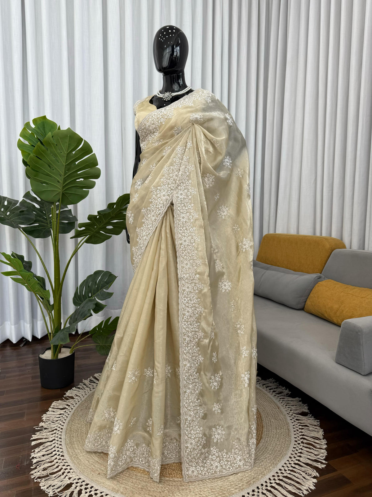 Cream Color Designer Party Wear Designer Silk Saree