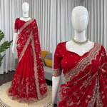 Red Color Embroidered Georgette Wedding Saree