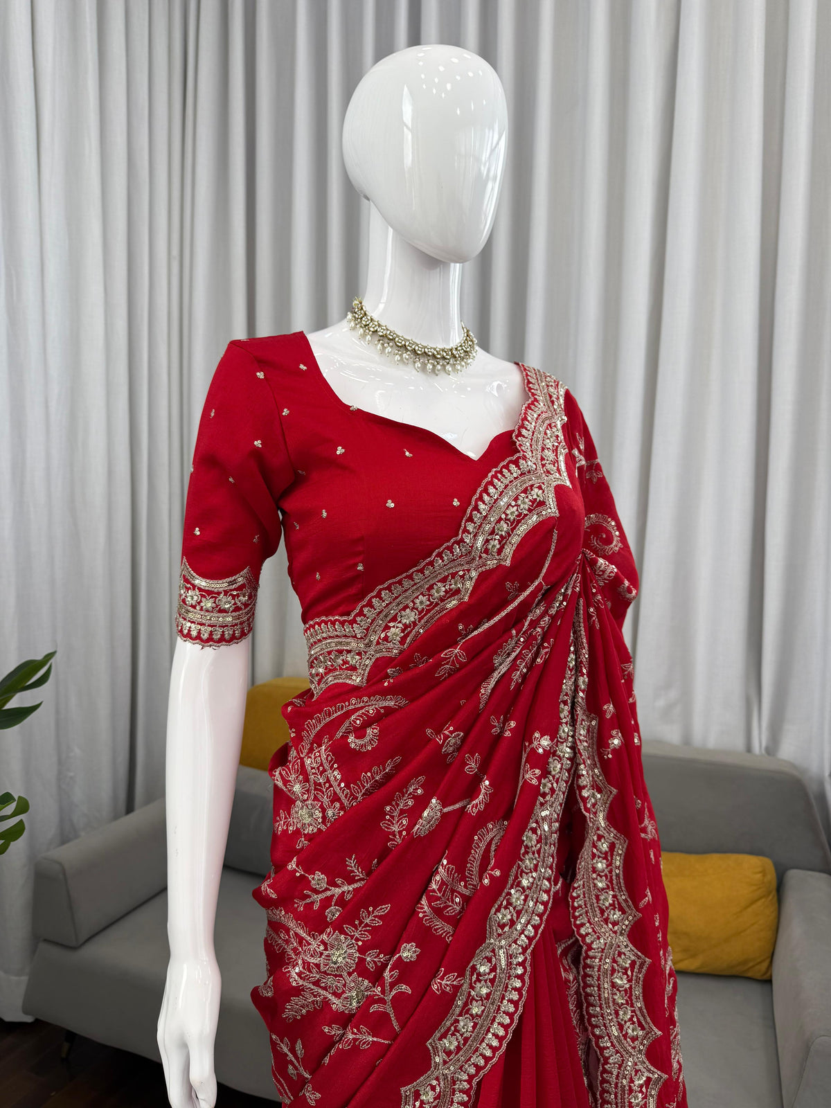 Red Color Embroidered Georgette Wedding Saree