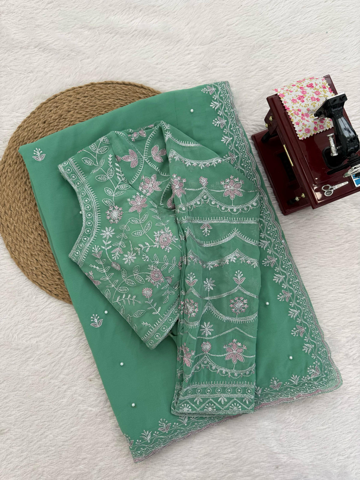 Sea Green Color Georgette Designer Saree