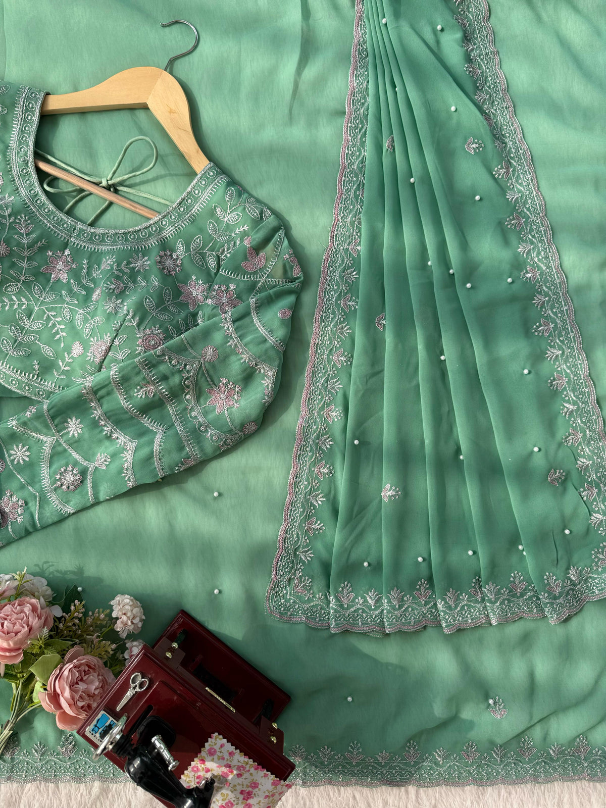 Sea Green Color Georgette Designer Saree