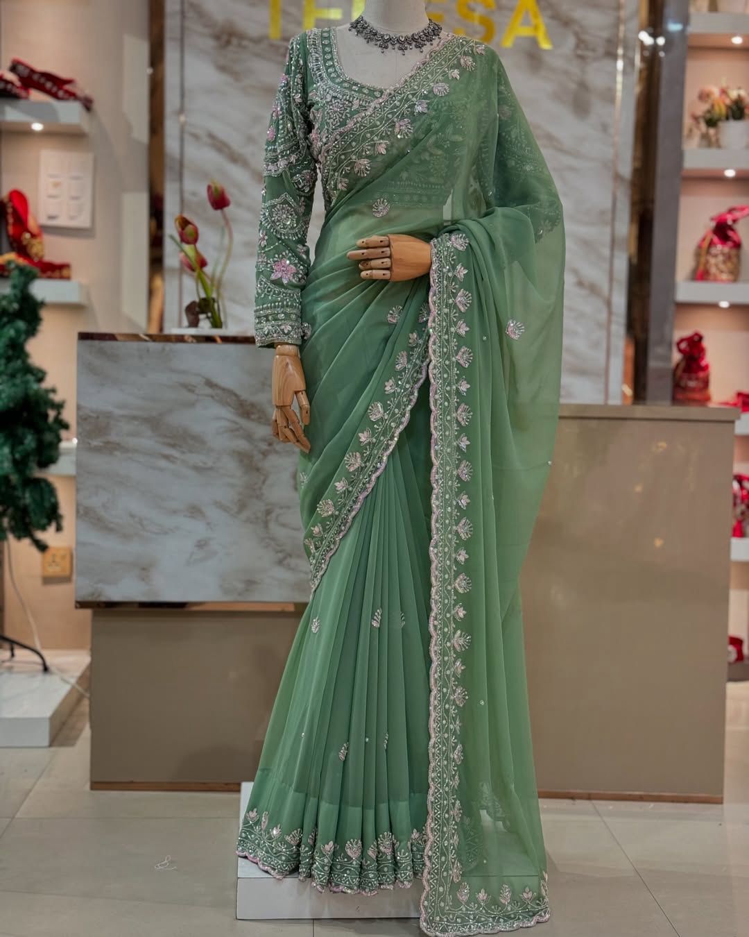 Sea Green Color Georgette Designer Saree