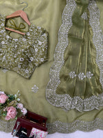 PIsta Green Color Embroidered Designer Party Wear Saree