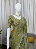 PIsta Green Color Embroidered Designer Party Wear Saree