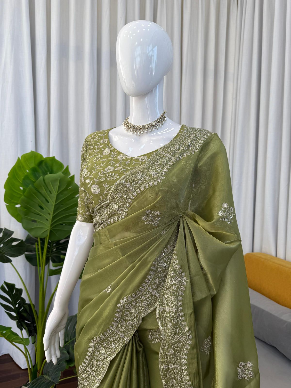 PIsta Green Color Embroidered Designer Party Wear Saree
