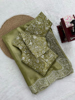 PIsta Green Color Embroidered Designer Party Wear Saree