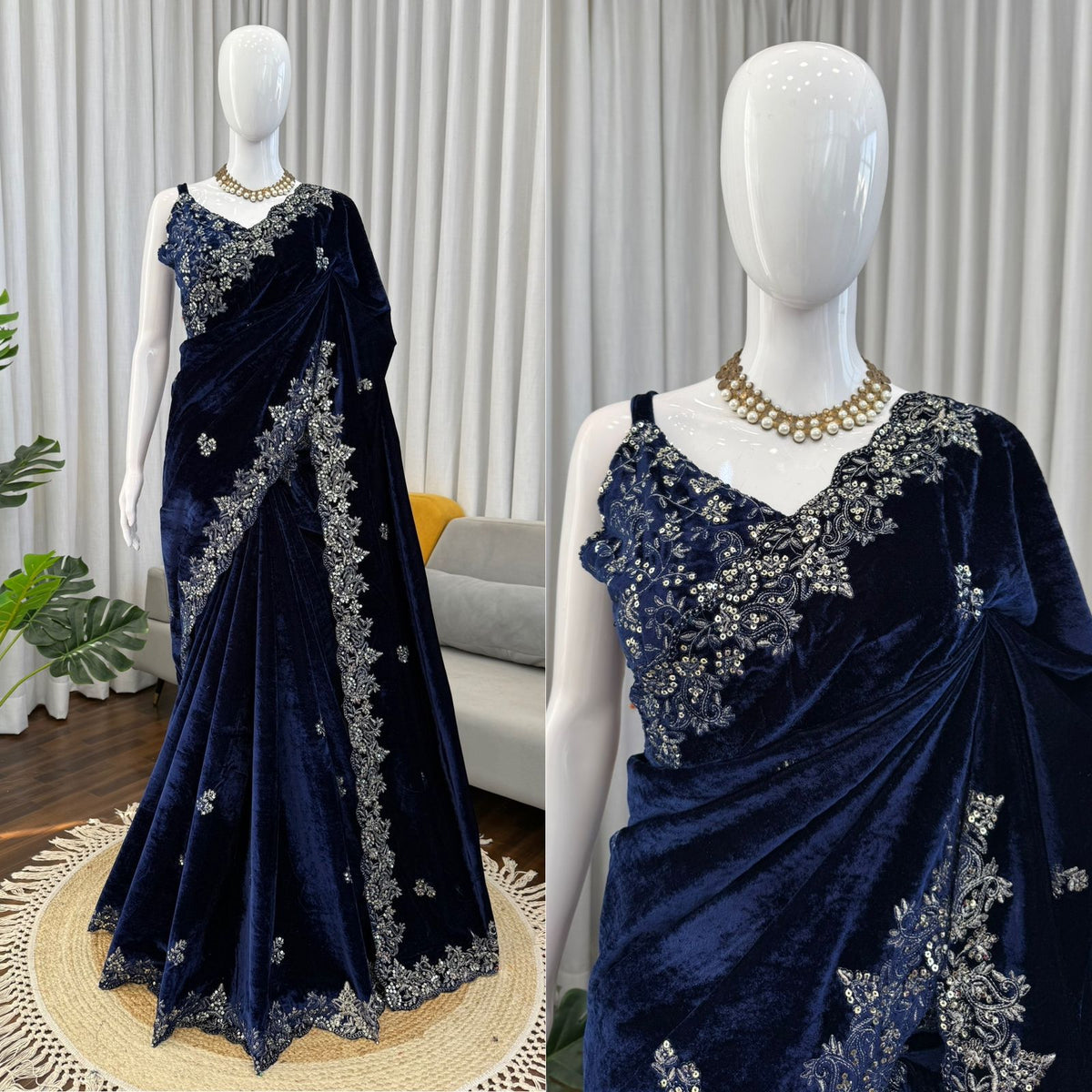 Blue Color Velet Designer Party Wear Saree