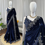 Blue Color Velet Designer Party Wear Saree