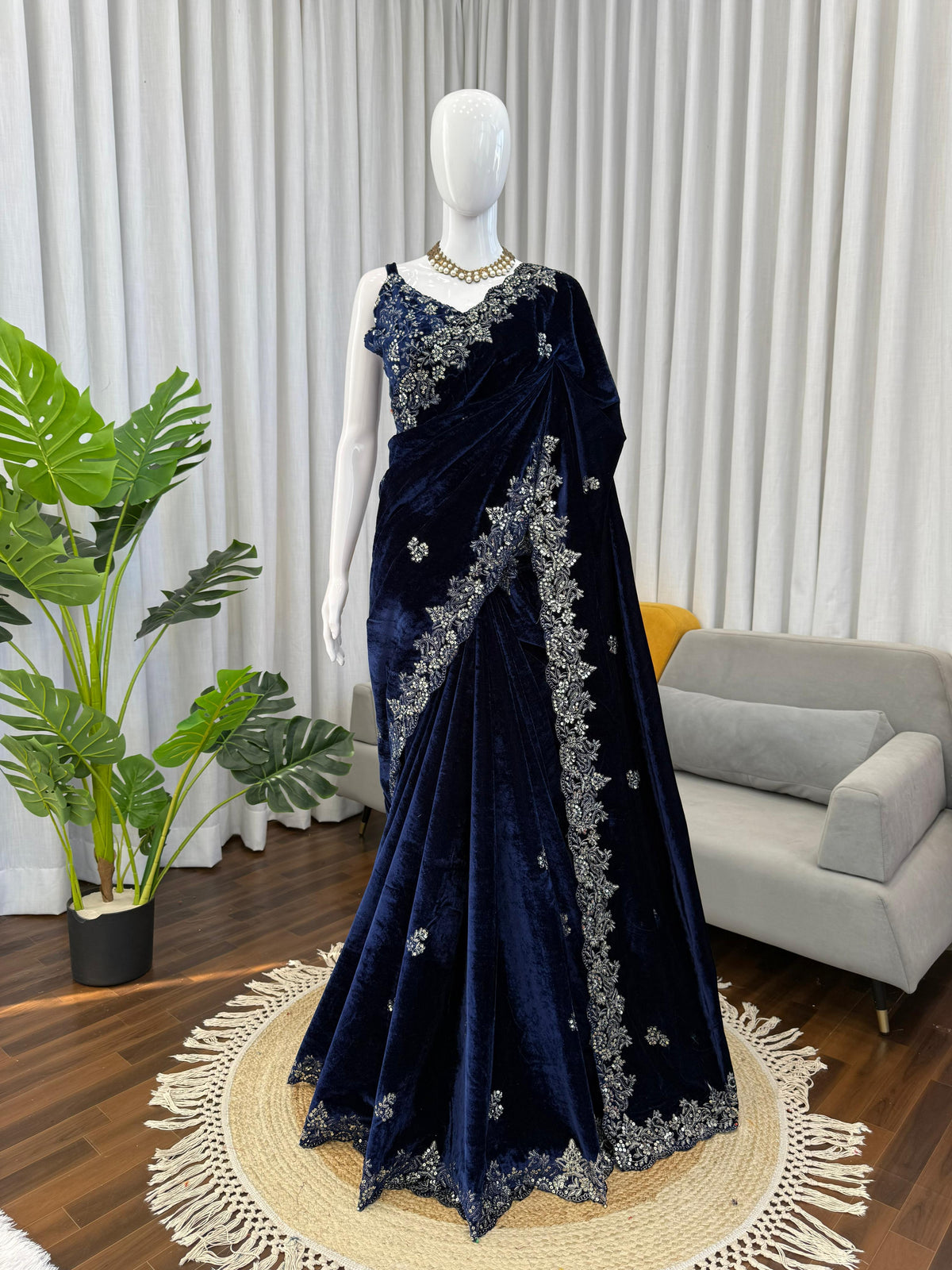 Blue Color Velet Designer Party Wear Saree