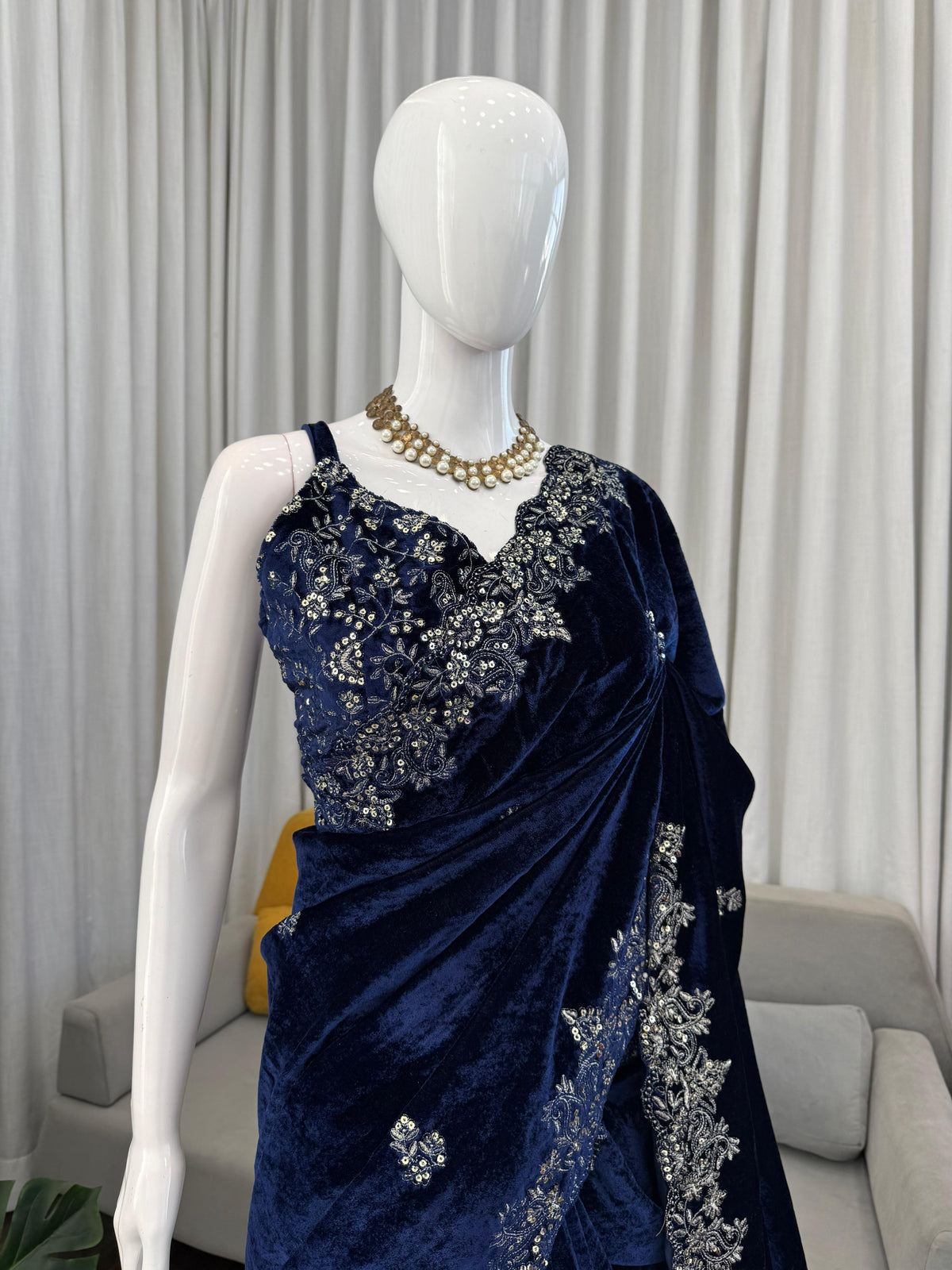 Blue Color Velet Designer Party Wear Saree