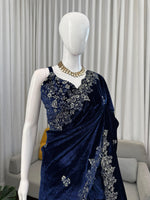 Blue Color Velet Designer Party Wear Saree