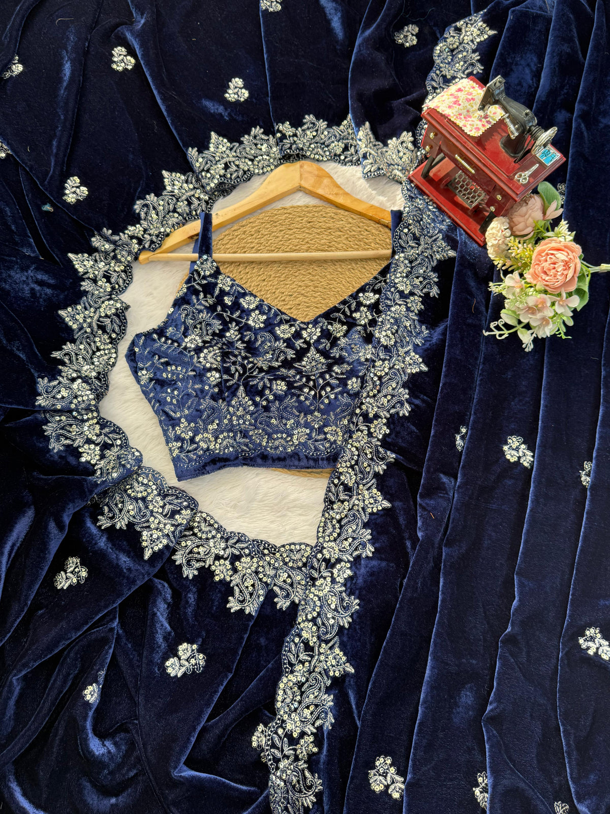 Blue Color Velet Designer Party Wear Saree